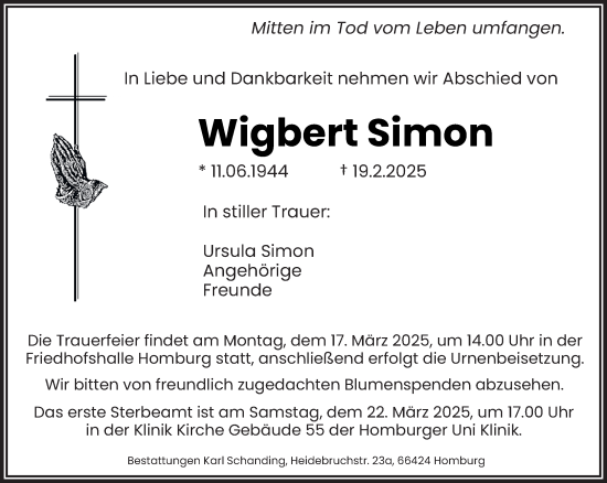 Todesanzeige von Wigbert Simon von saarbruecker_zeitung