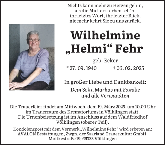 Todesanzeige von Wilhelmine Fehr von saarbruecker_zeitung