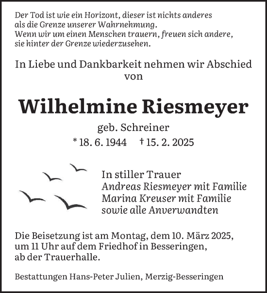 Todesanzeige von Wilhelmine Riesmeyer von saarbruecker_zeitung