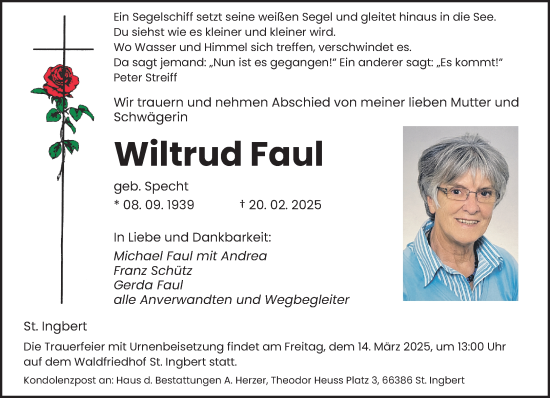 Todesanzeige von Wiltrud Faul von saarbruecker_zeitung