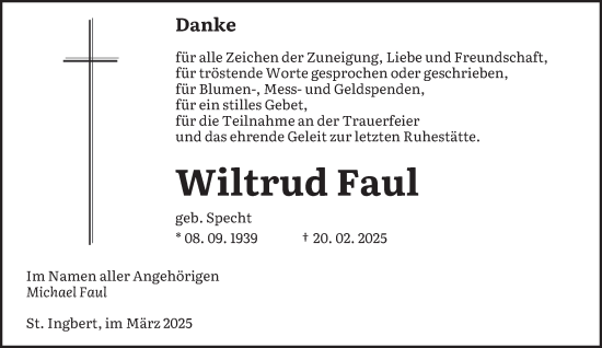 Todesanzeige von Wiltrud Faul von saarbruecker_zeitung