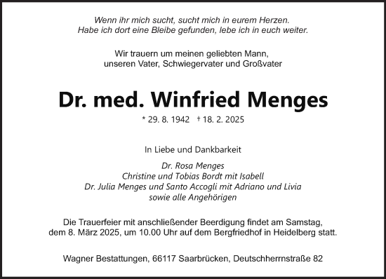 Todesanzeige von Winfried Menges von saarbruecker_zeitung