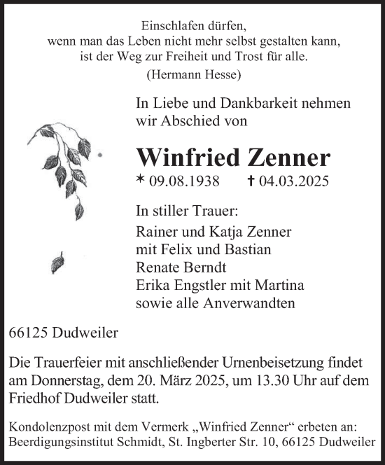 Todesanzeige von Winfried Zenner von saarbruecker_zeitung
