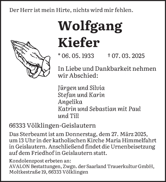 Todesanzeige von Wolfgang Kiefer von saarbruecker_zeitung