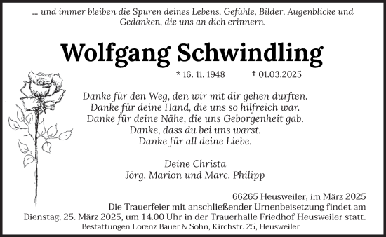 Todesanzeige von Wolfgang Schwindling von saarbruecker_zeitung