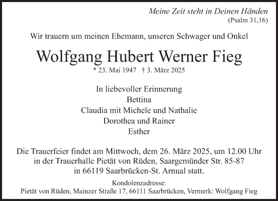 Todesanzeige von Wolfgang Hubert Werner Fieg von saarbruecker_zeitung