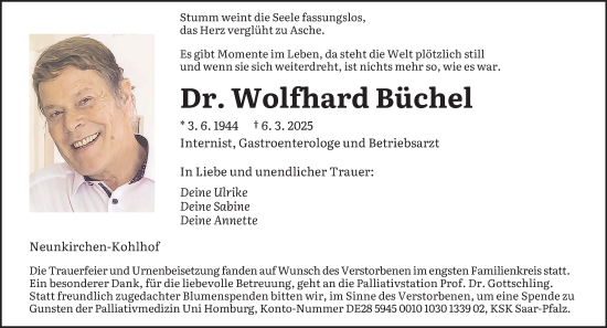 Todesanzeige von Wolfhard Büchel von saarbruecker_zeitung