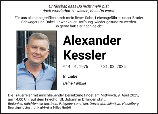 Todesanzeige von Alexander Kessler von saarbruecker_zeitung