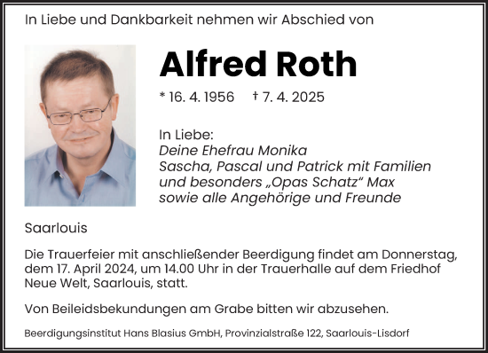 Todesanzeige von Alfred Roth von saarbruecker_zeitung