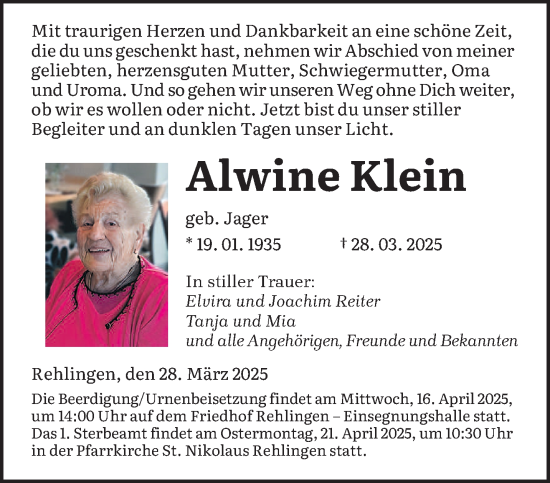 Todesanzeige von Alwine Klein von saarbruecker_zeitung
