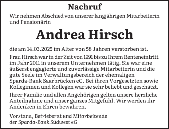 Todesanzeige von Andrea Hirsch von saarbruecker_zeitung
