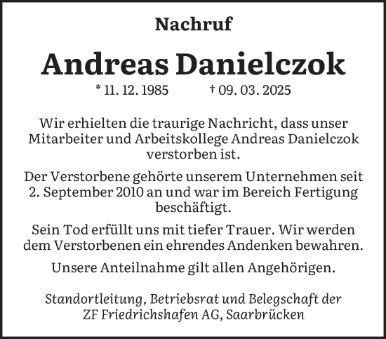 Todesanzeige von Andreas Danielczok von saarbruecker_zeitung
