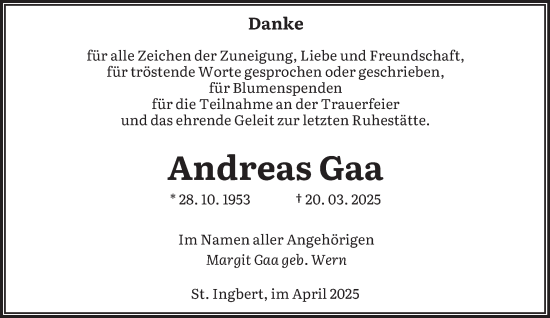 Todesanzeige von Andreas Gaa von saarbruecker_zeitung