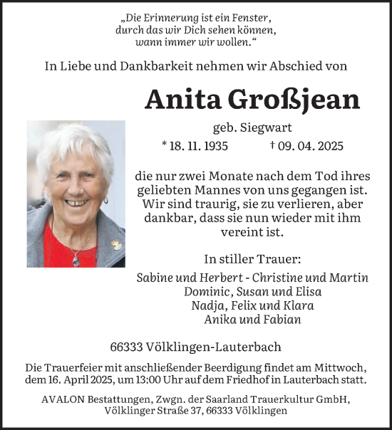 Todesanzeige von Anita Großjean von saarbruecker_zeitung