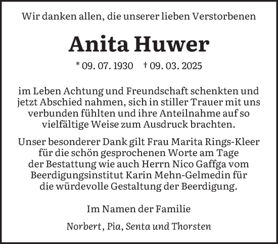 Todesanzeige von Anita Huwer von saarbruecker_zeitung