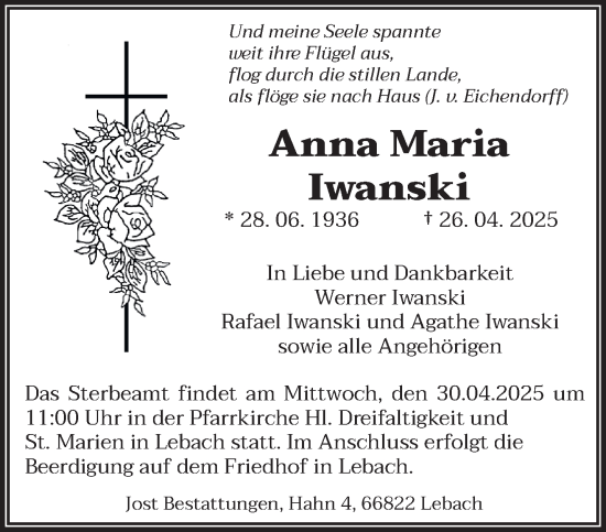 Todesanzeige von Anna Maria Iwanski von saarbruecker_zeitung