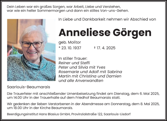 Todesanzeige von Anneliese Görgen von saarbruecker_zeitung
