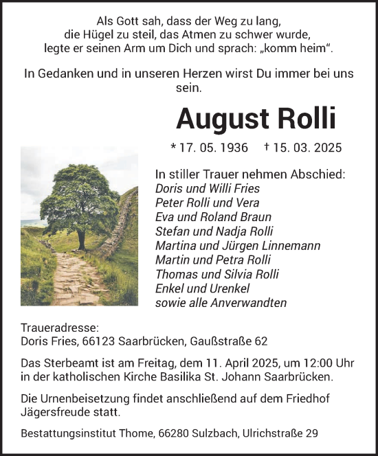 Todesanzeige von August Rolli von saarbruecker_zeitung