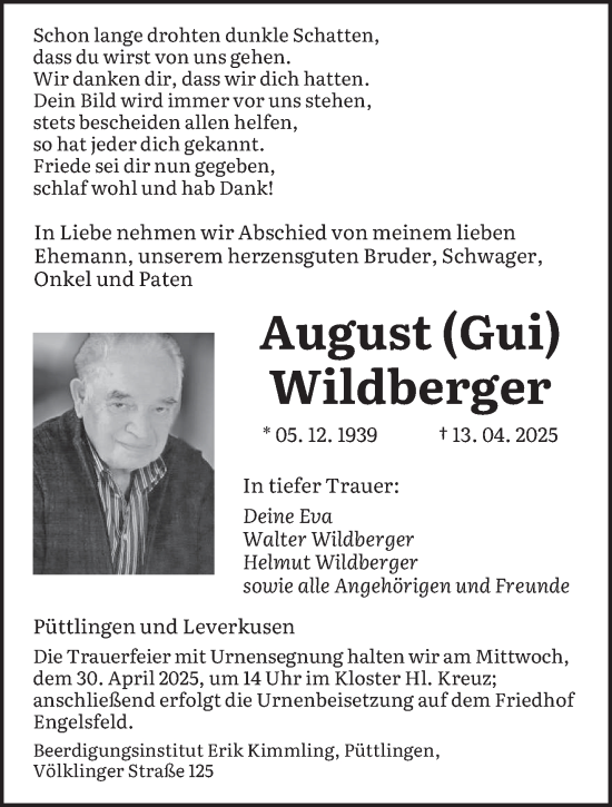 Todesanzeige von August Wildberger von saarbruecker_zeitung