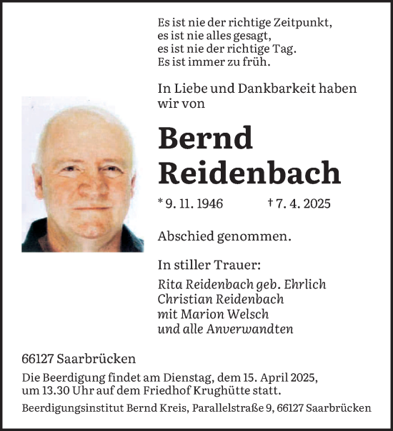 Todesanzeige von Bernd Reidenbach von saarbruecker_zeitung