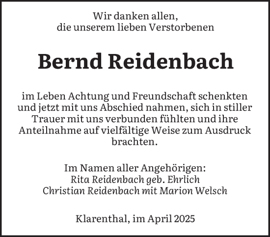 Todesanzeige von Bernd Reidenbach von saarbruecker_zeitung