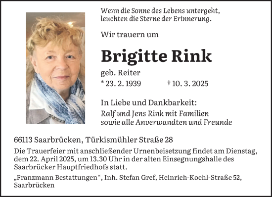 Todesanzeige von Brigitte Rink von saarbruecker_zeitung