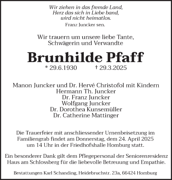 Todesanzeige von Brunhilde Pfaff von saarbruecker_zeitung
