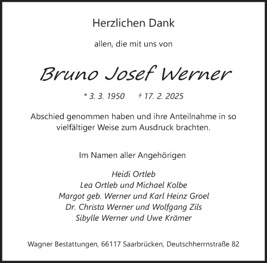 Todesanzeige von Bruno Werner von saarbruecker_zeitung