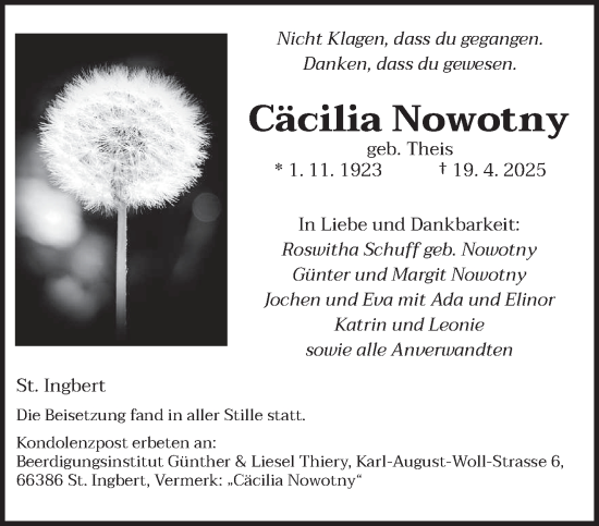 Todesanzeige von Cäcilia Nowotny von saarbruecker_zeitung