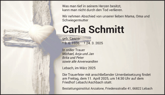 Todesanzeige von Carla Schmitt von saarbruecker_zeitung