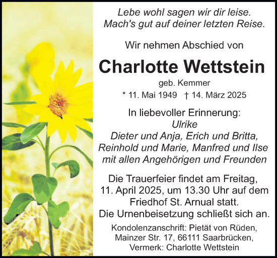 Todesanzeige von Charlotte Wettstein von saarbruecker_zeitung