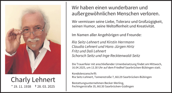Todesanzeige von Charly Lehnert von saarbruecker_zeitung
