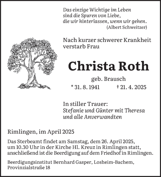 Todesanzeige von Christa Roth von saarbruecker_zeitung