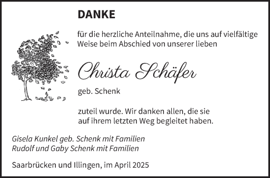 Todesanzeige von Christa Schäfer von saarbruecker_zeitung