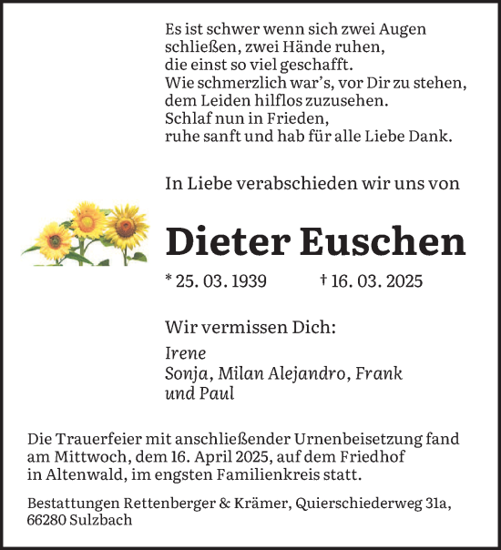 Todesanzeige von Dieter Euschen von saarbruecker_zeitung