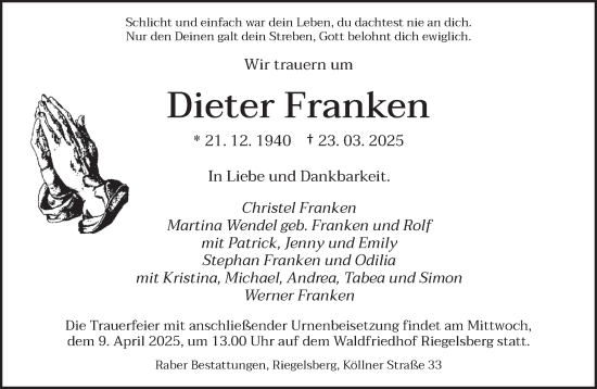 Todesanzeige von Dieter Franken von saarbruecker_zeitung