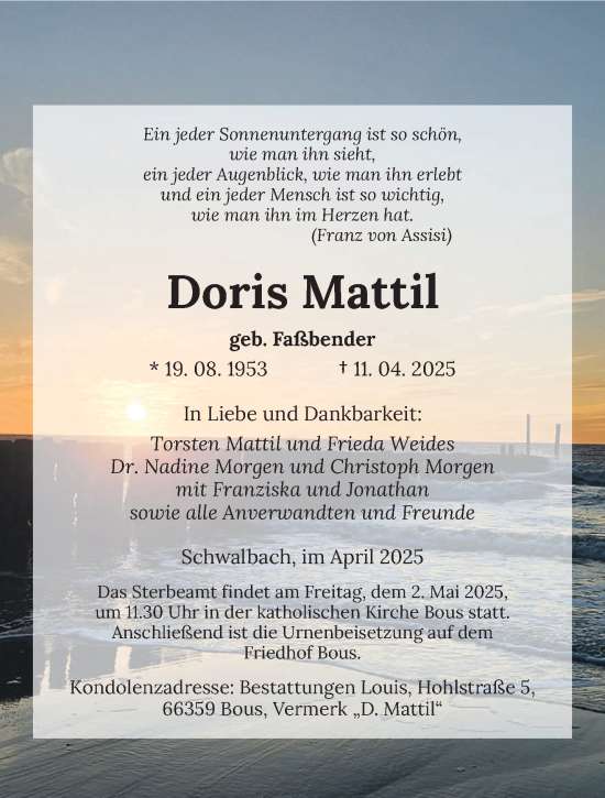 Todesanzeige von Doris Mattil von saarbruecker_zeitung