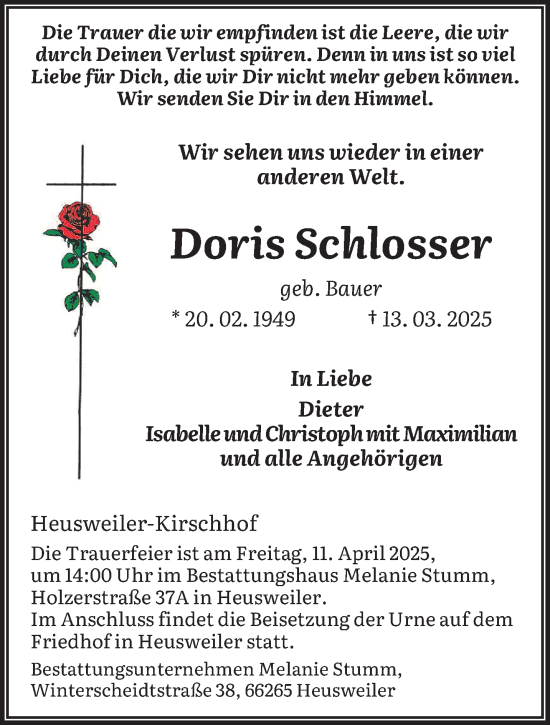Todesanzeige von Doris Schlosser von saarbruecker_zeitung