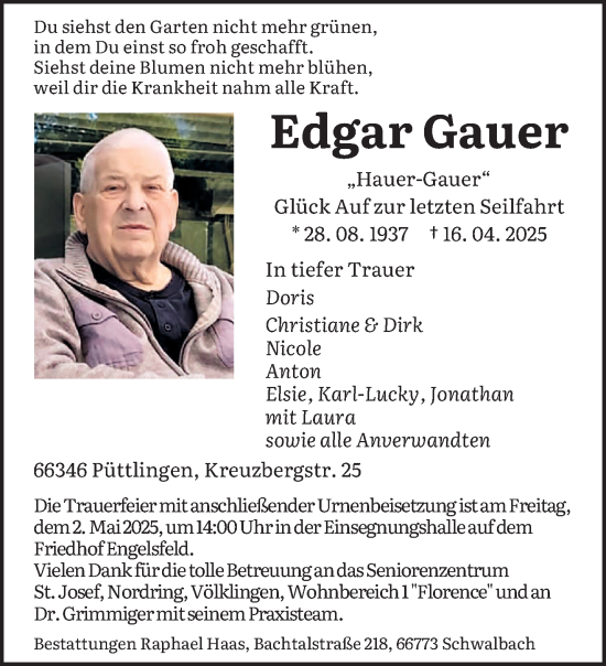Todesanzeige von Edgar Gauer von saarbruecker_zeitung