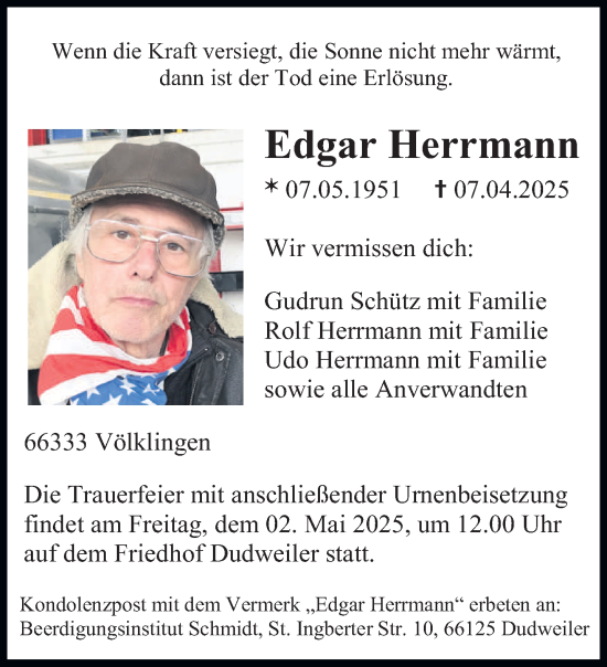 Todesanzeige von Edgar Herrmann von saarbruecker_zeitung
