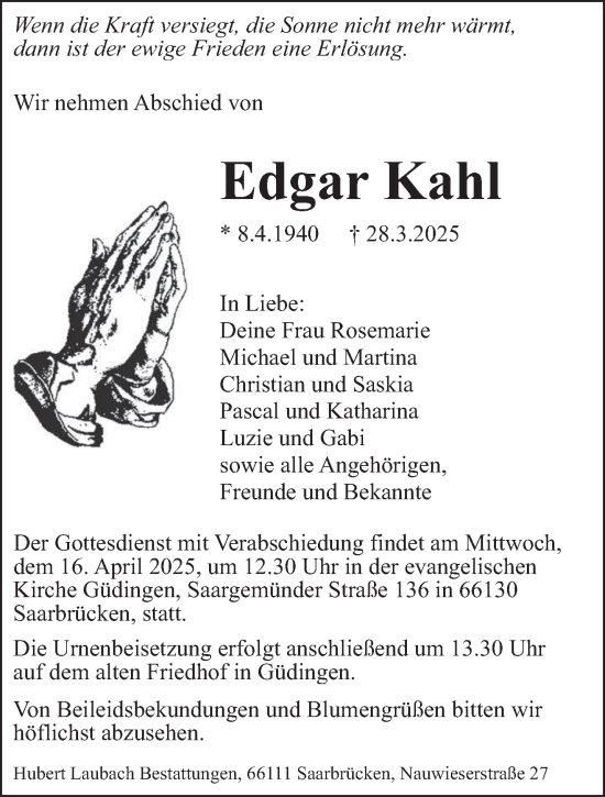 Todesanzeige von Edgar Kahl von saarbruecker_zeitung