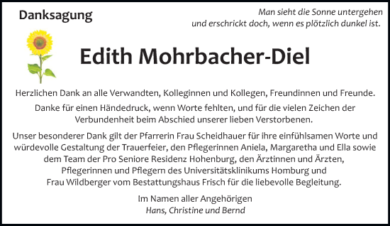Todesanzeige von Edith Mohrbacher-Diel von saarbruecker_zeitung