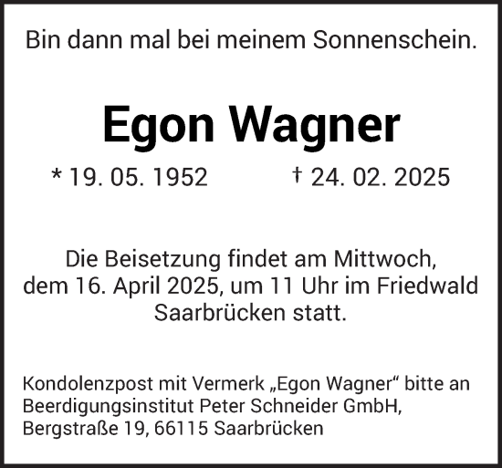 Todesanzeige von Egon Wagner von saarbruecker_zeitung