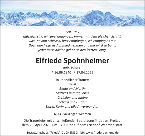 Todesanzeige von Elfriede Spohnheimer von saarbruecker_zeitung