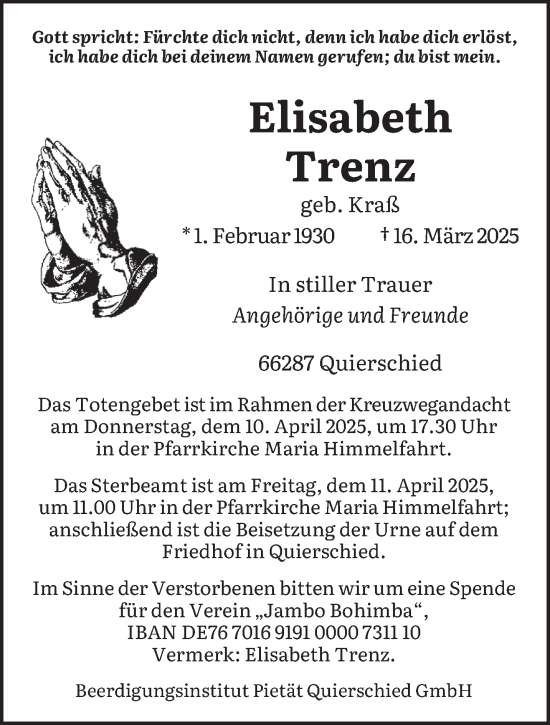 Todesanzeige von Elisabeth Trenz von saarbruecker_zeitung