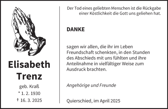 Todesanzeige von Elisabeth Trenz von saarbruecker_zeitung