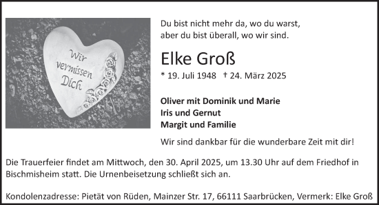 Todesanzeige von Elke Groß von saarbruecker_zeitung