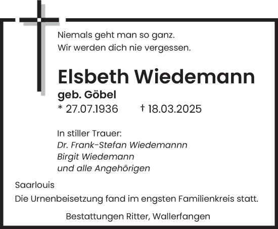 Todesanzeige von Elsbeth Wiedemann von saarbruecker_zeitung