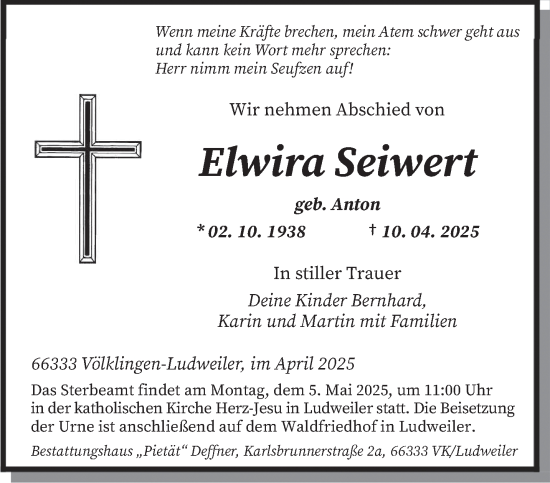Todesanzeige von Elwira Seiwert von saarbruecker_zeitung