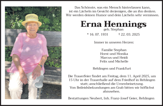 Todesanzeige von Erna Hennings von saarbruecker_zeitung